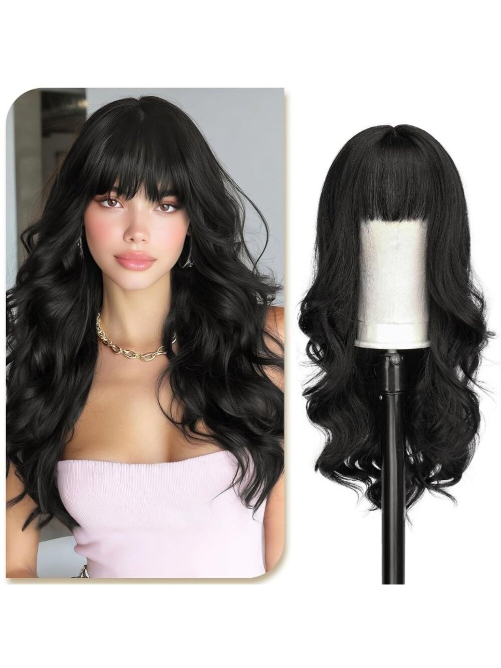 24Inch Women's Natural Black Highlights Natural Looking Synthetic Wig with Bangs